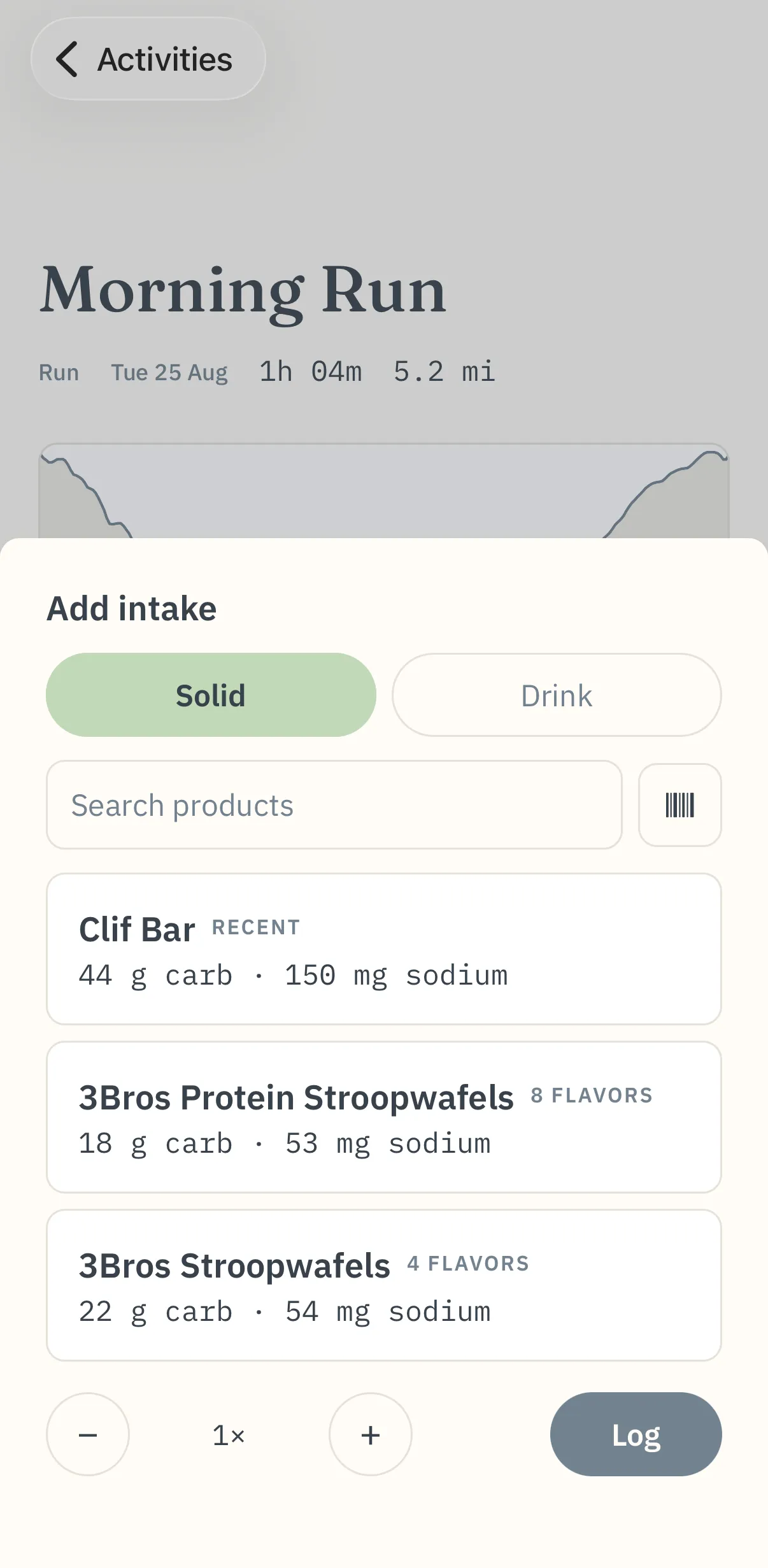 Ravita's add-intake screen, with a searchable product catalogue showing carbohydrate and sodium per item and a barcode-scan button.